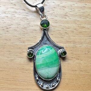New Green Enhanced Agate w Sim Peridot Silver Overlay Pendant Necklace w Cord